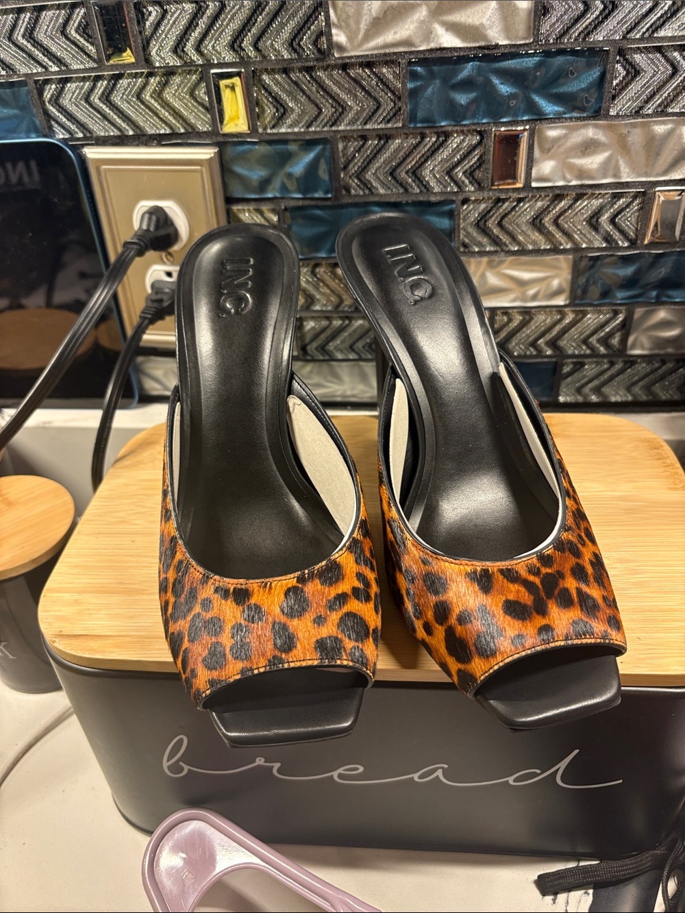 INC International Concepts Leopard Print Slide Mules in Black and Orange